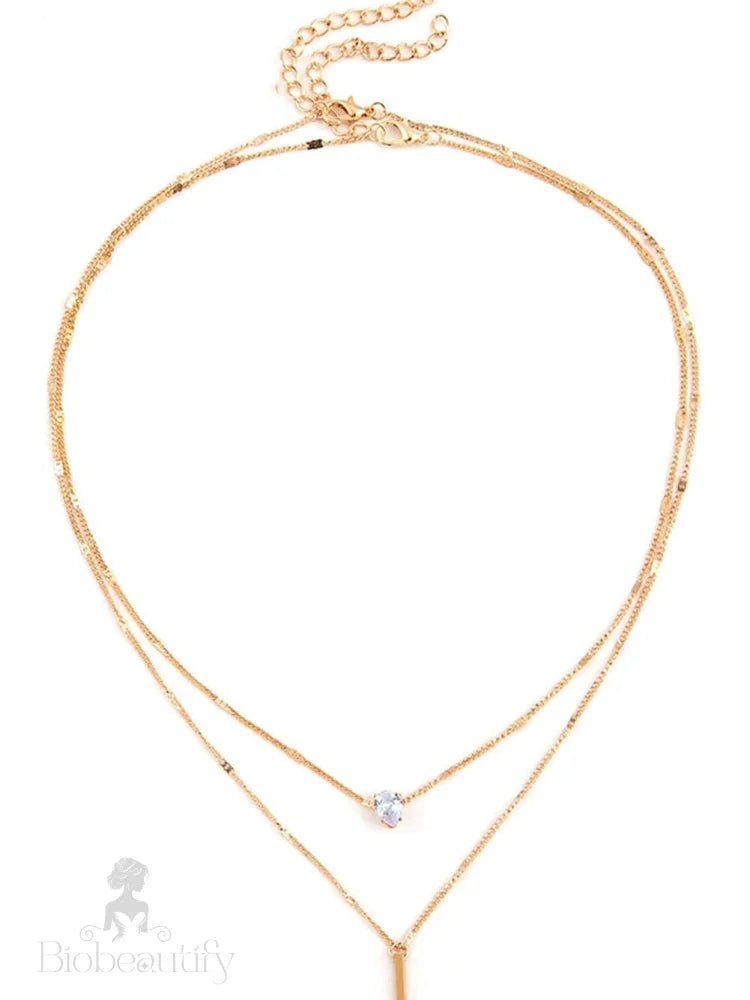 Gold Double-Layer Rhinestone Pendant Necklace