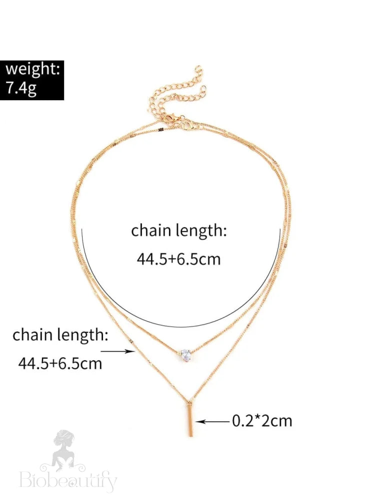 Gold Double-Layer Rhinestone Pendant Necklace