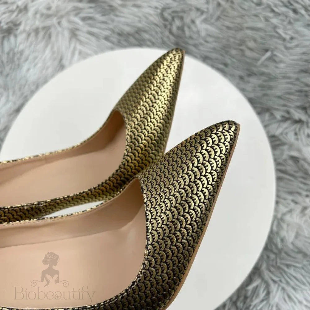 Gold Fish Scale Pointy Toe High Heel Shoes For Women