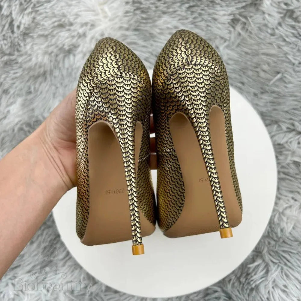 Gold Fish Scale Pointy Toe High Heel Shoes For Women