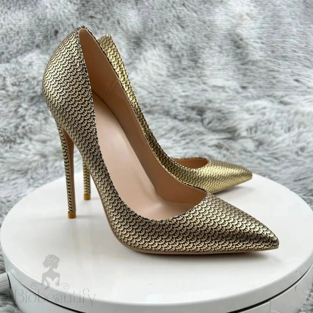 Gold Fish Scale Pointy Toe High Heel Shoes For Women