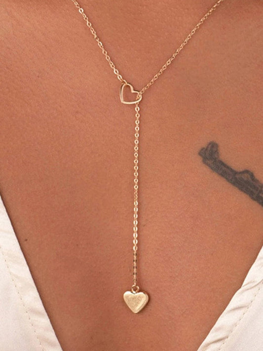Heart Lariat Necklace With Patchwork Design Gold / One Size