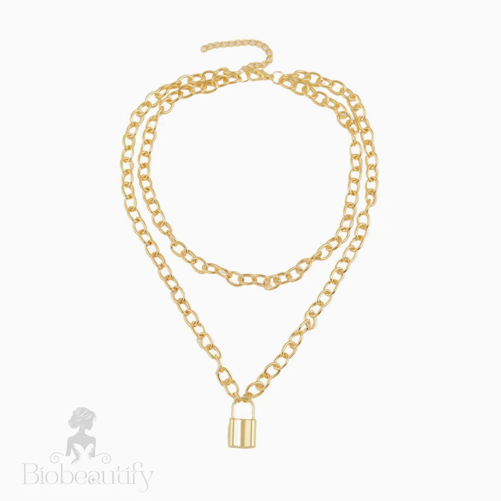 Gold Layered Chain-Link Necklace With Modern Lock Pendant One Size /