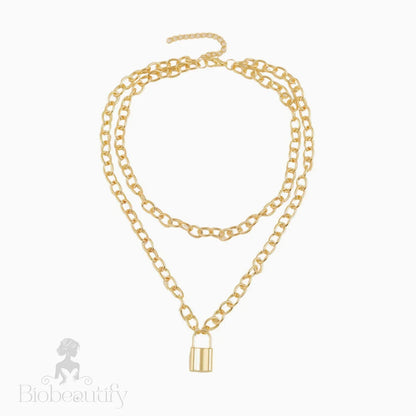 Gold Layered Chain-Link Necklace With Modern Lock Pendant One Size /