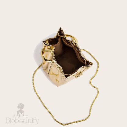 Gold Metallic Faux Leather Drawstring Bucket Bag With Ring Handle