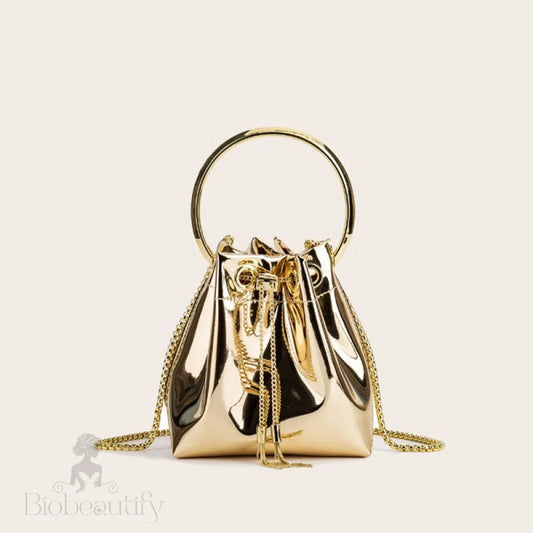 Gold Metallic Faux Leather Drawstring Bucket Bag With Ring Handle One Size /