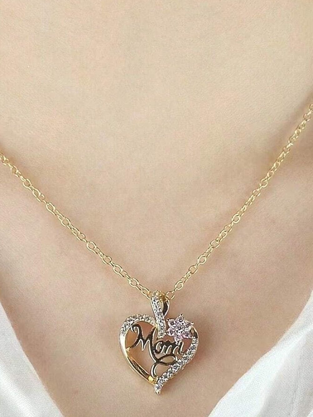 Golden Mom Heart Pendant With Rhinestone Floral Cut-Out