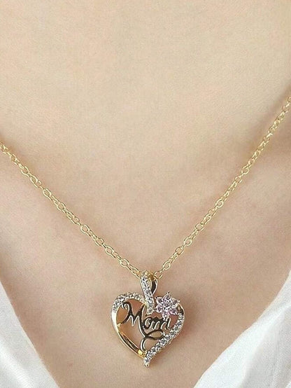 Golden Mom Heart Pendant With Rhinestone Floral Cut-Out