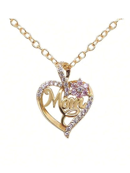 Golden Mom Heart Pendant With Rhinestone Floral Cut-Out