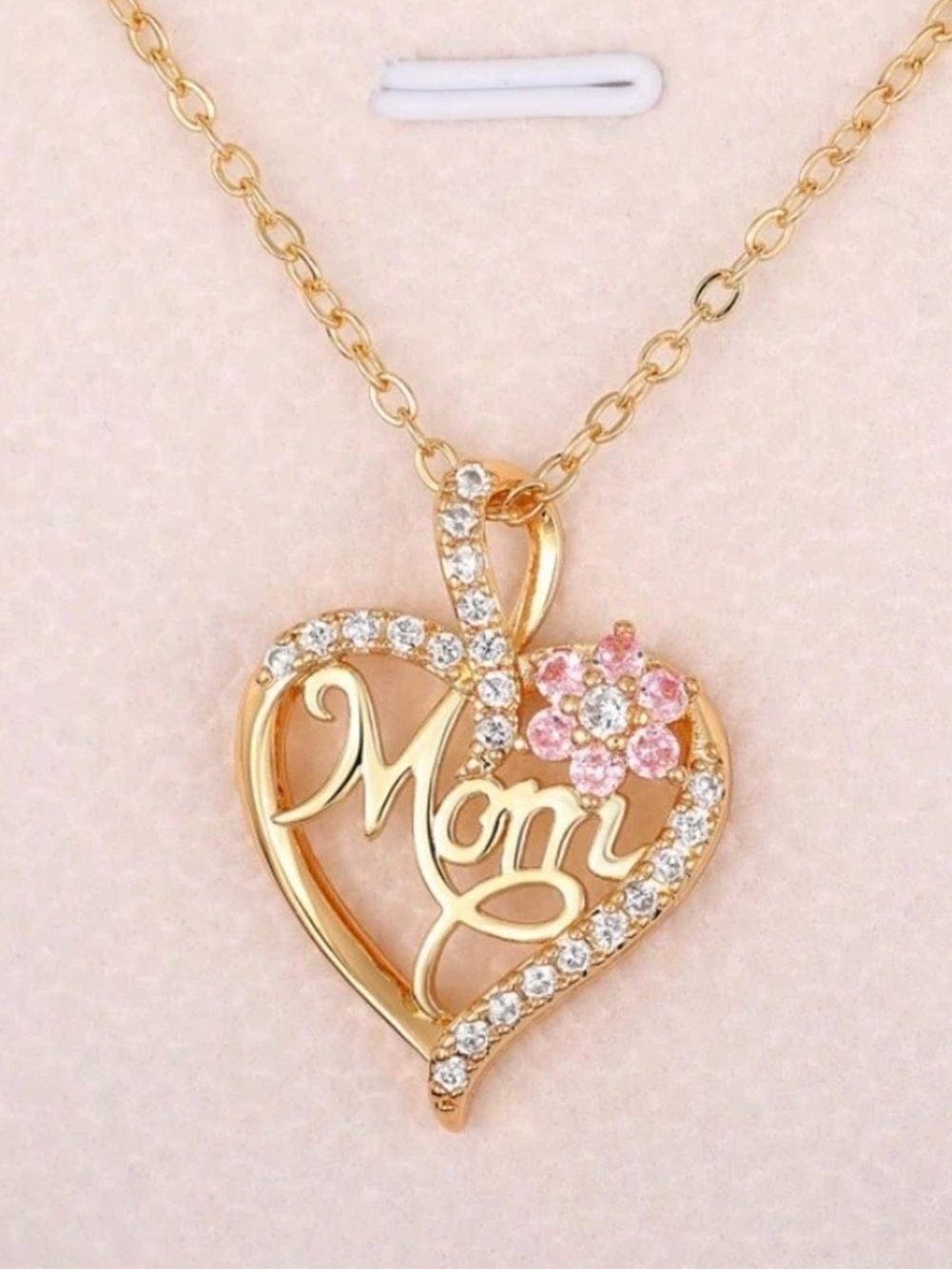 Golden Mom Heart Pendant With Rhinestone Floral Cut-Out