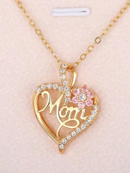 Golden Mom Heart Pendant With Rhinestone Floral Cut-Out