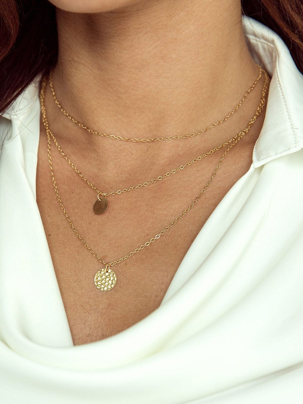 Layered Copper Pendant Necklace With Multiple Chains In Gold