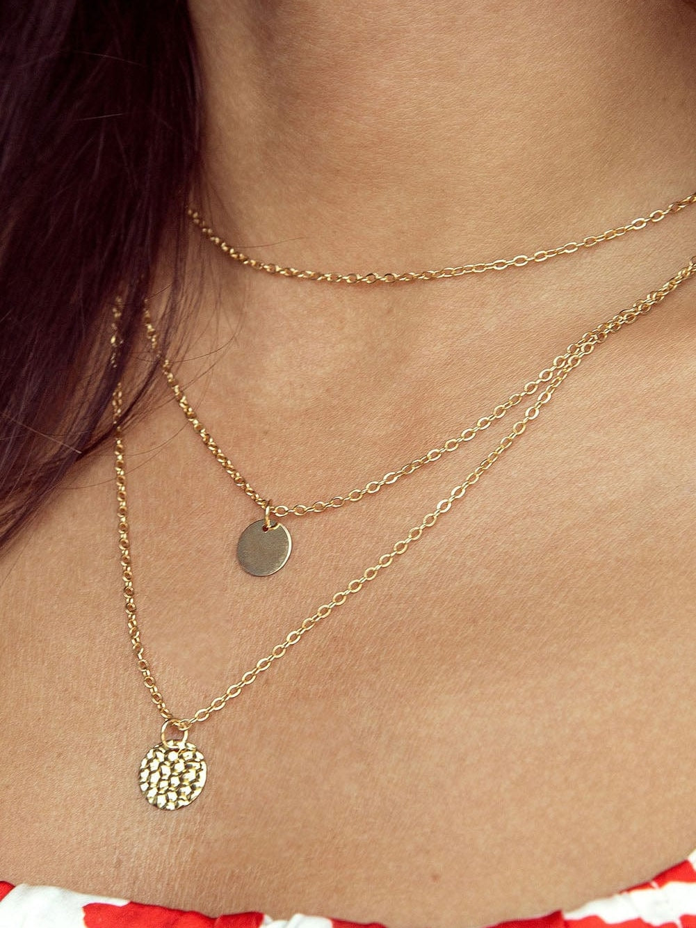 Layered Copper Pendant Necklace With Multiple Chains In Gold