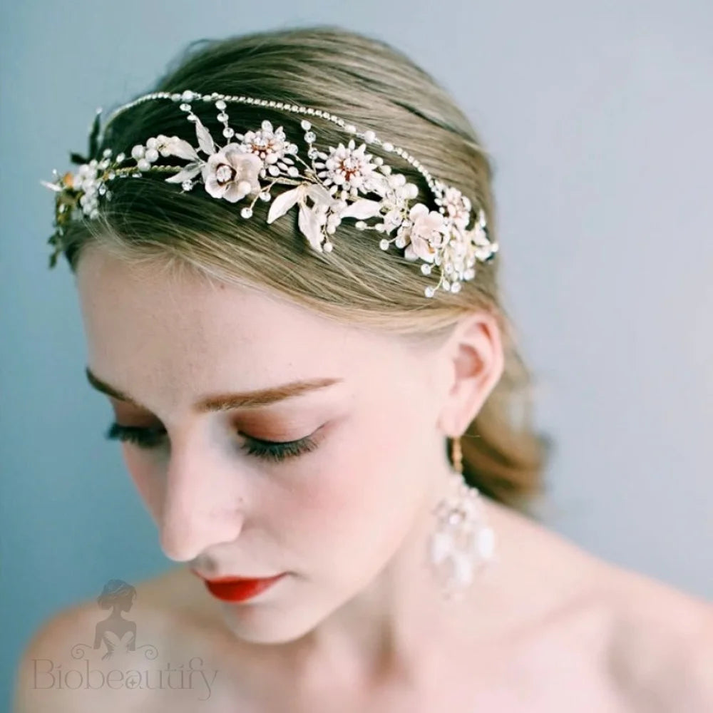 Gold Pearl And Crystal Bridal Headband With Matching Earrings - Gardenia