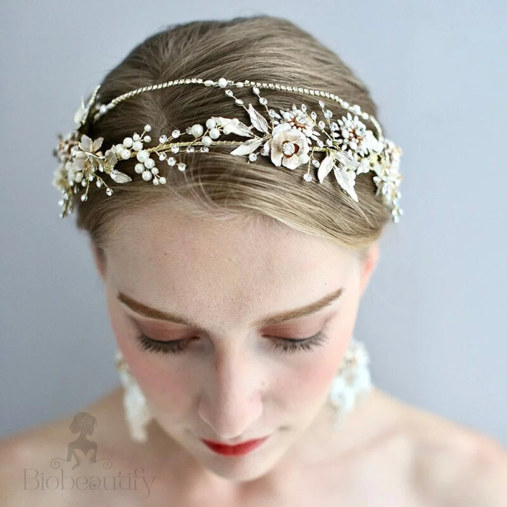 Gold Pearl And Crystal Bridal Headband With Matching Earrings - Gardenia