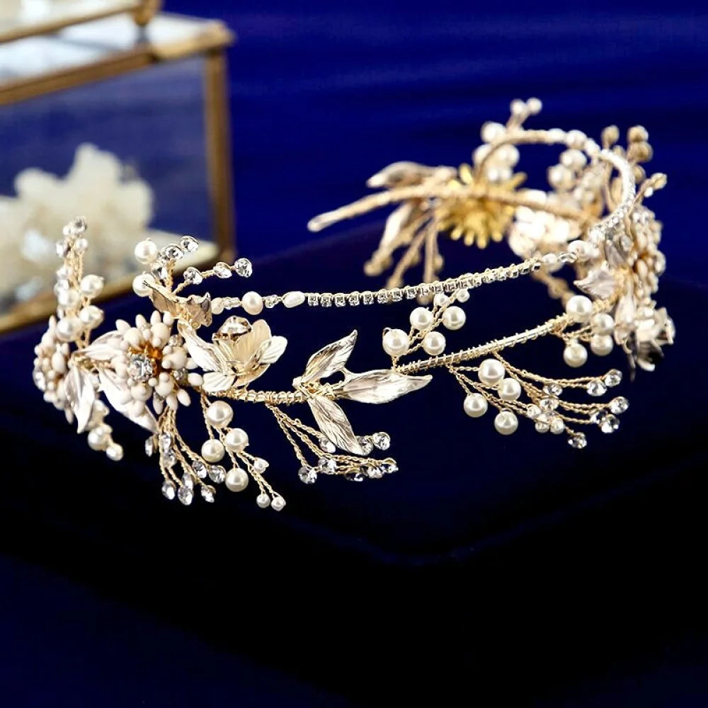 Gold Pearl And Crystal Bridal Headband With Matching Earrings - Gardenia