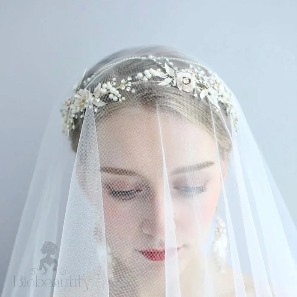 Gold Pearl And Crystal Bridal Headband With Matching Earrings - Gardenia