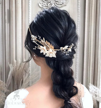 Gold Pearl Bridal Hair Vine Cherry