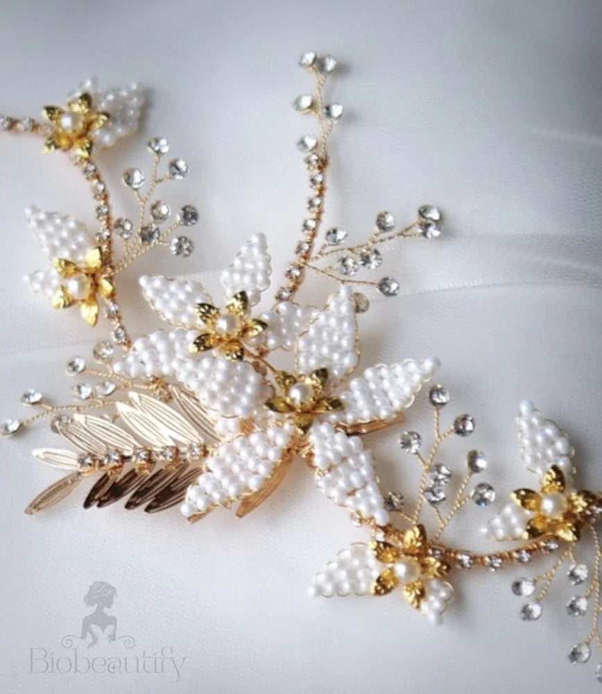 Gold Pearl Bridal Hair Vine Cherry