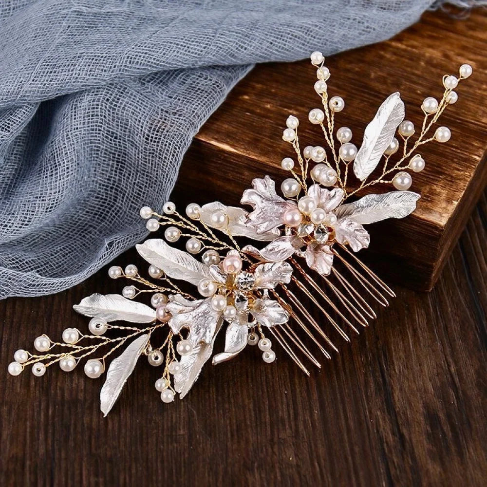 Gold Pearl Hair Comb For Brides - Olivia