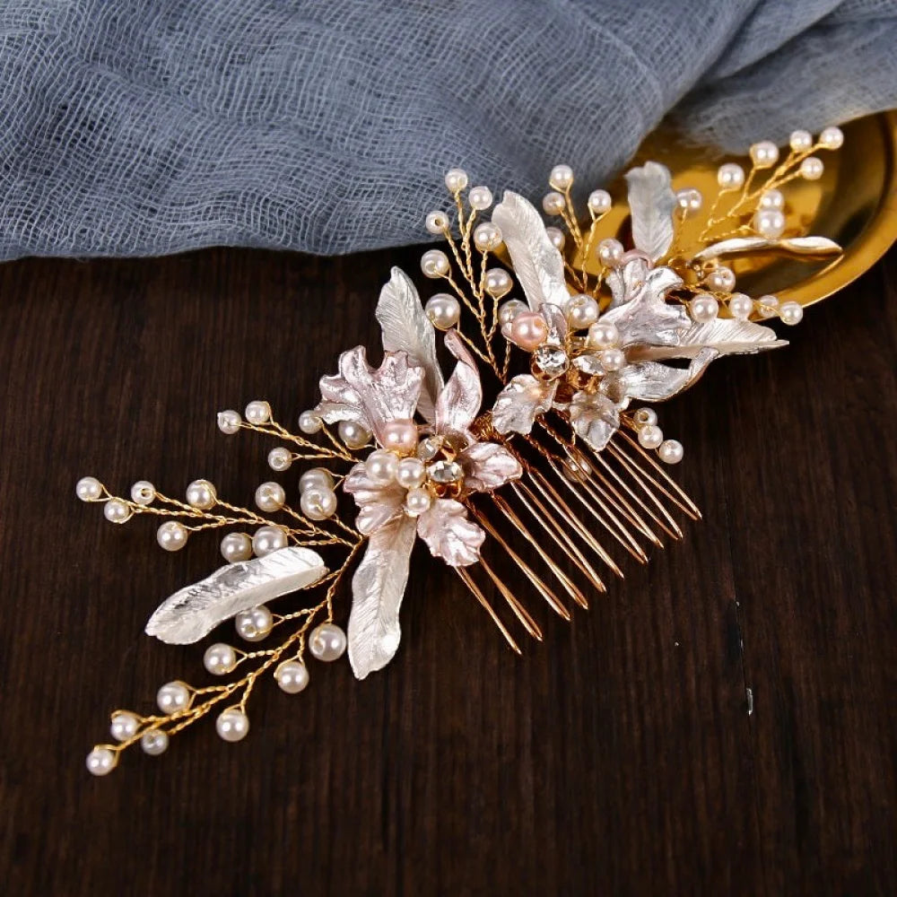 Gold Pearl Hair Comb For Brides - Olivia