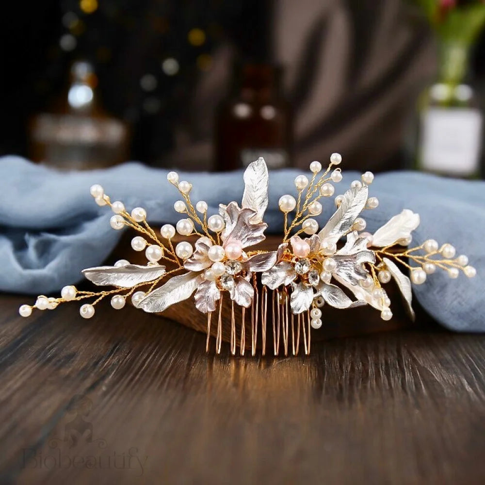 Gold Pearl Hair Comb For Brides - Olivia