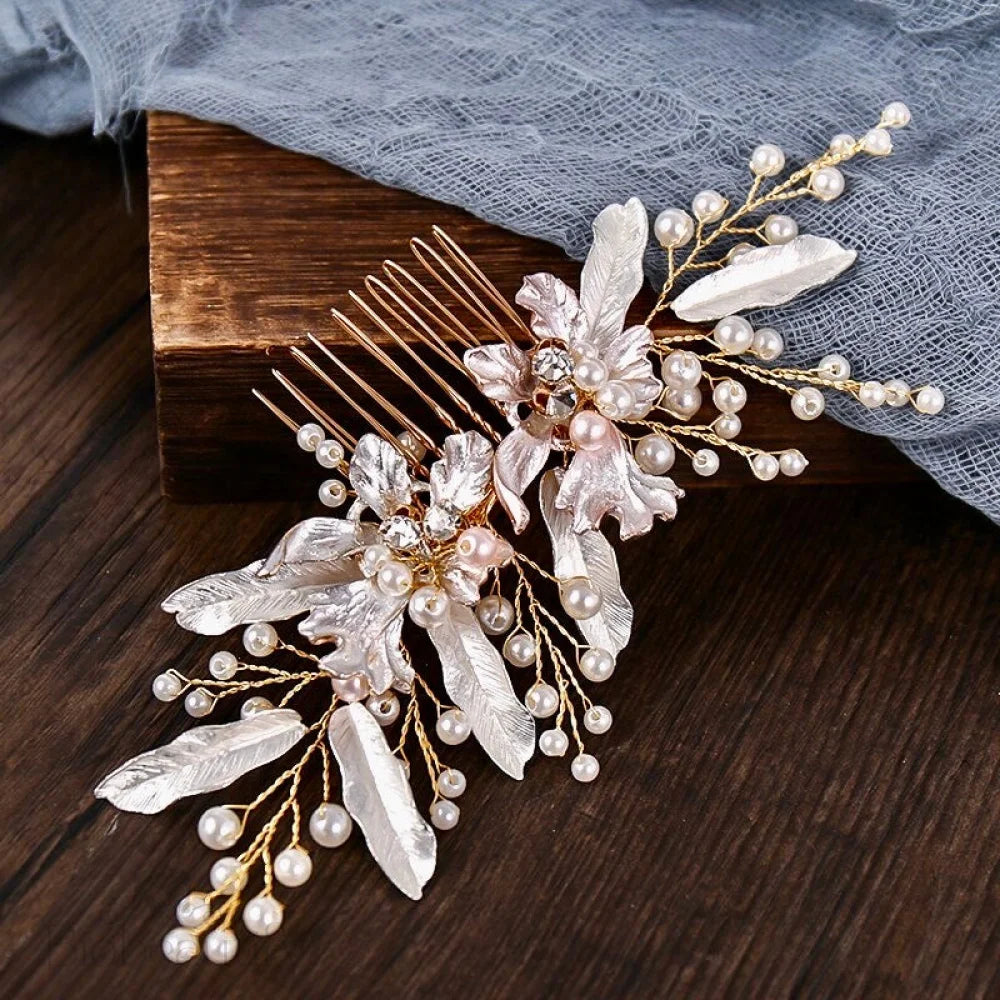 Gold Pearl Hair Comb For Brides - Olivia