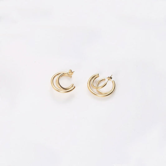 Gold Tone Triple Circle Double Hoop Earrings One Size /