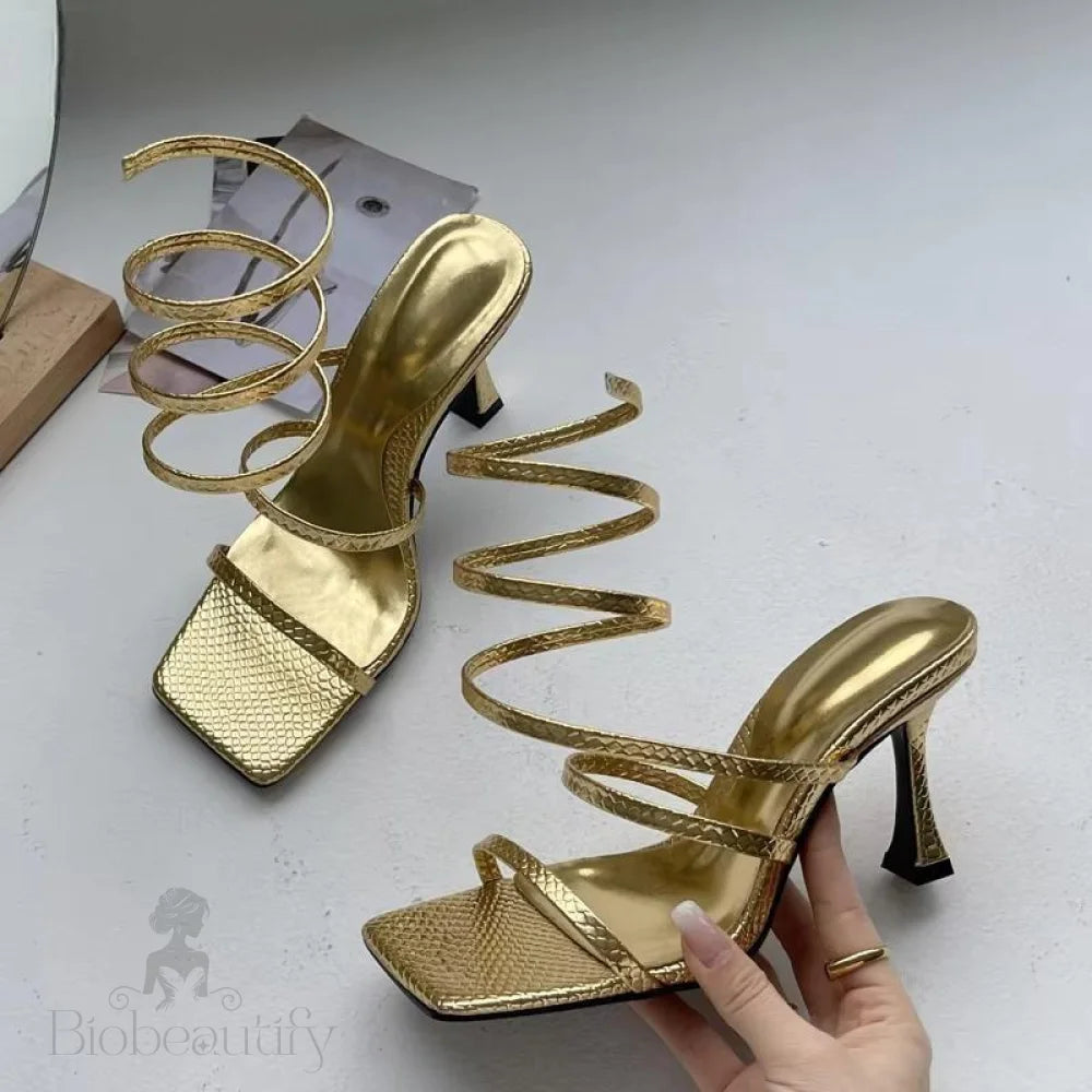 Gold Rome Sandals With Peep Toe And Thin Low Heel