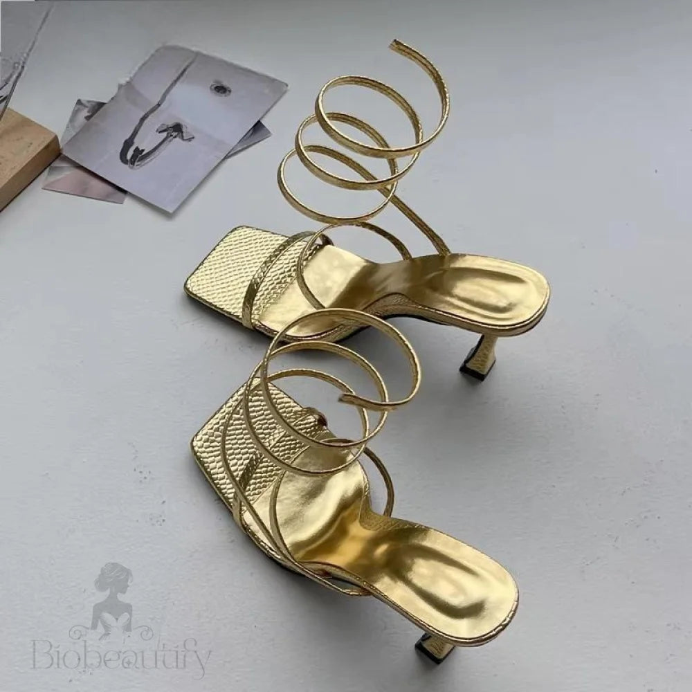 Gold Rome Sandals With Peep Toe And Thin Low Heel