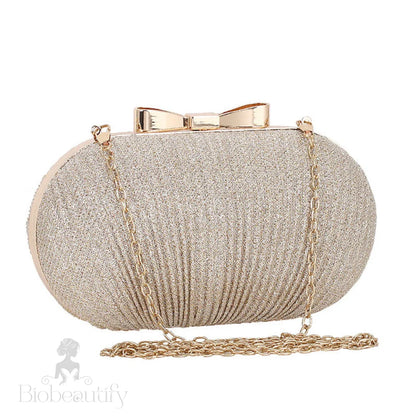 Gold Ruched Mini Clutch Bag With Metallic Bowknot Trim