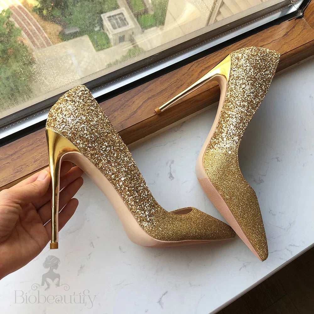 Gold Sequined Pointy Toe High Heel Wedding Bridal Shoes