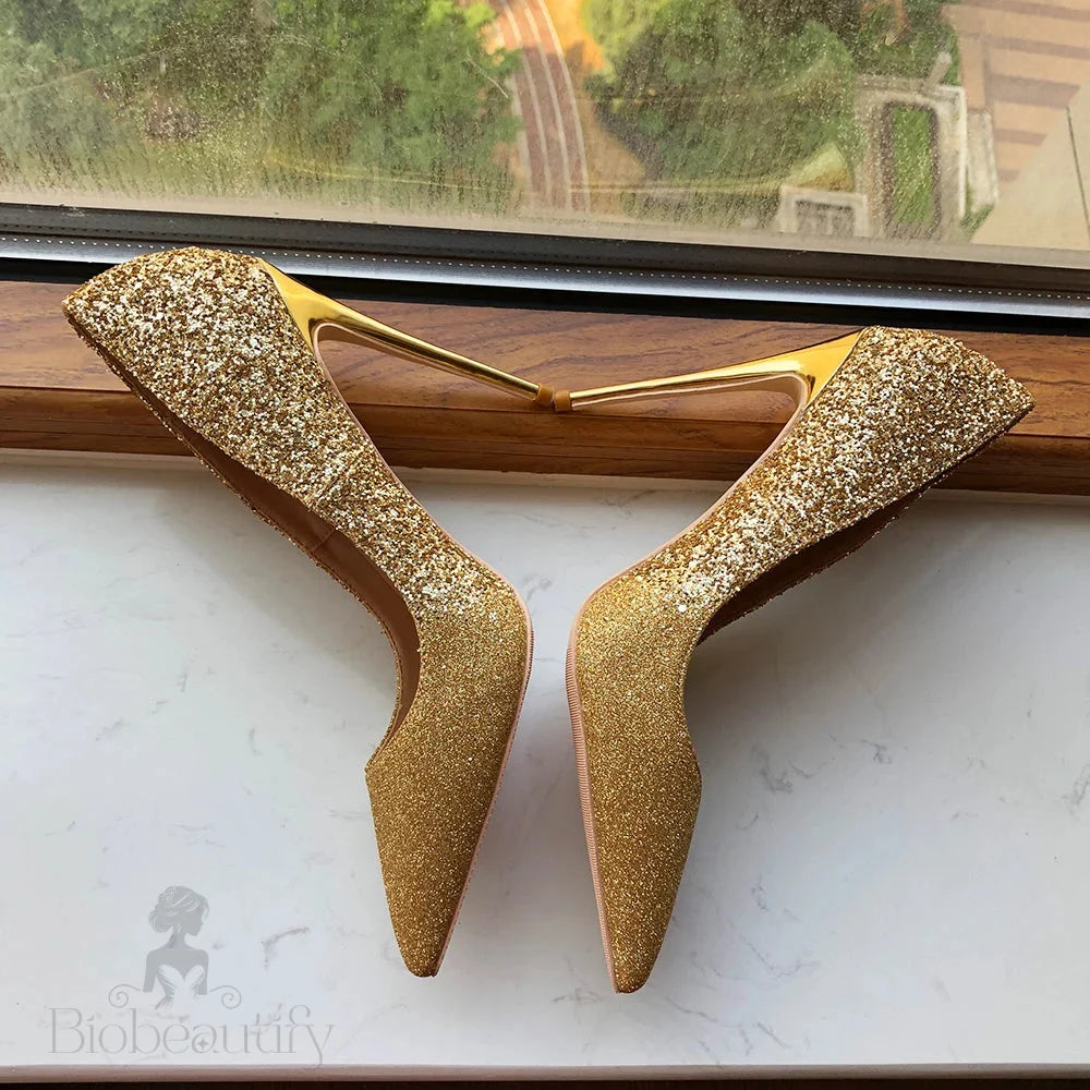 Gold Sequined Pointy Toe High Heel Wedding Bridal Shoes