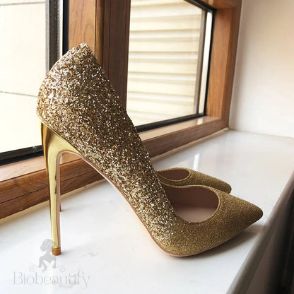 Gold Sequined Pointy Toe High Heel Wedding Bridal Shoes