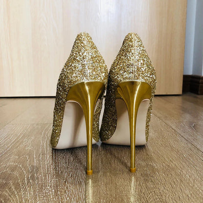 Gold Sequined Pointy Toe High Heel Wedding Bridal Shoes