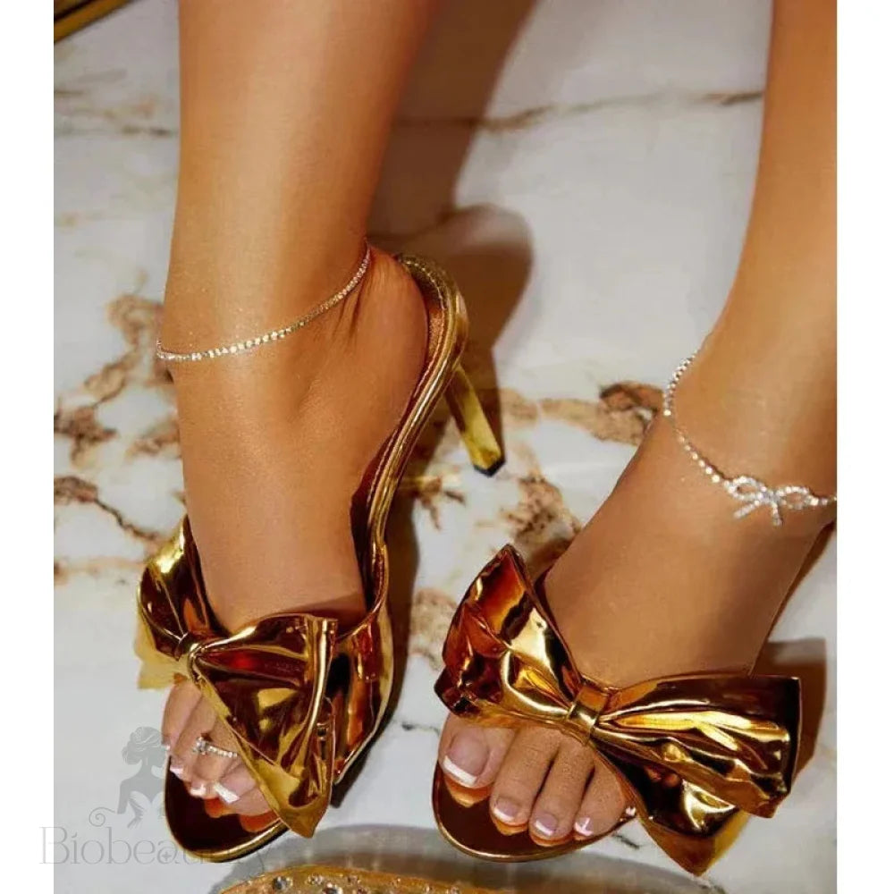 Gold Silver Pointed Toe Women Slippers With Butterfly-Knot Thin High Heels