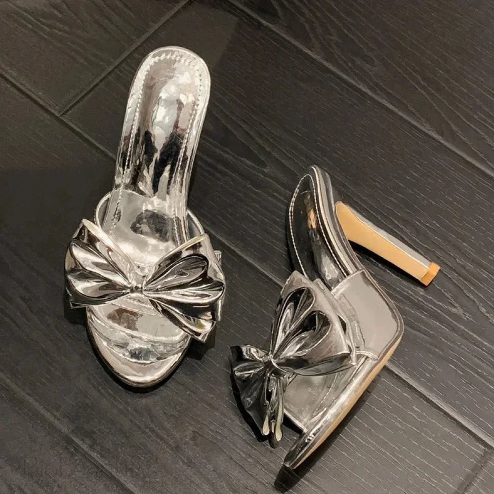 Gold Silver Pointed Toe Women Slippers With Butterfly-Knot Thin High Heels