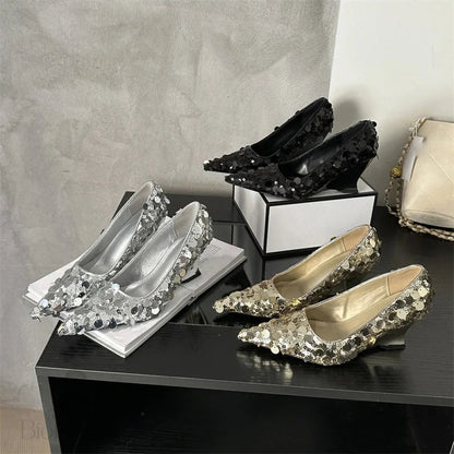 Gold Silver Sequins Fashion Women Pumps Pointed Toe Wedge Heel