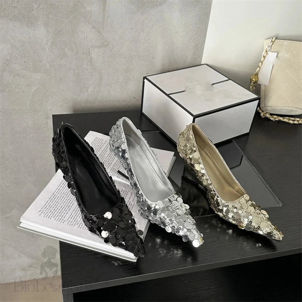 Gold Silver Sequins Fashion Women Pumps Pointed Toe Wedge Heel