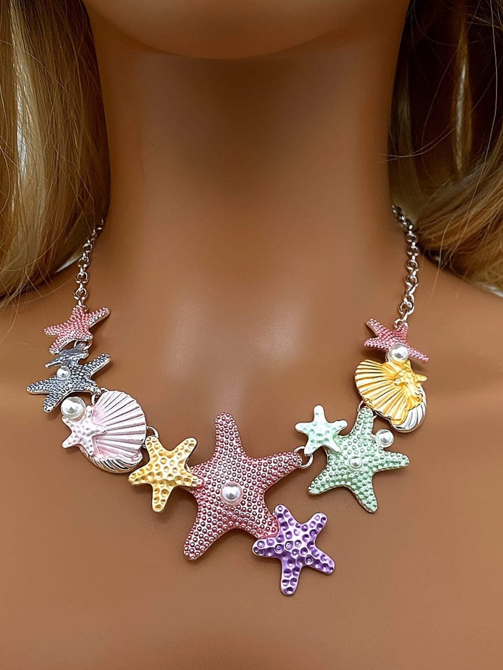 Starfish Shell Pearl Necklace With Adjustable Chain