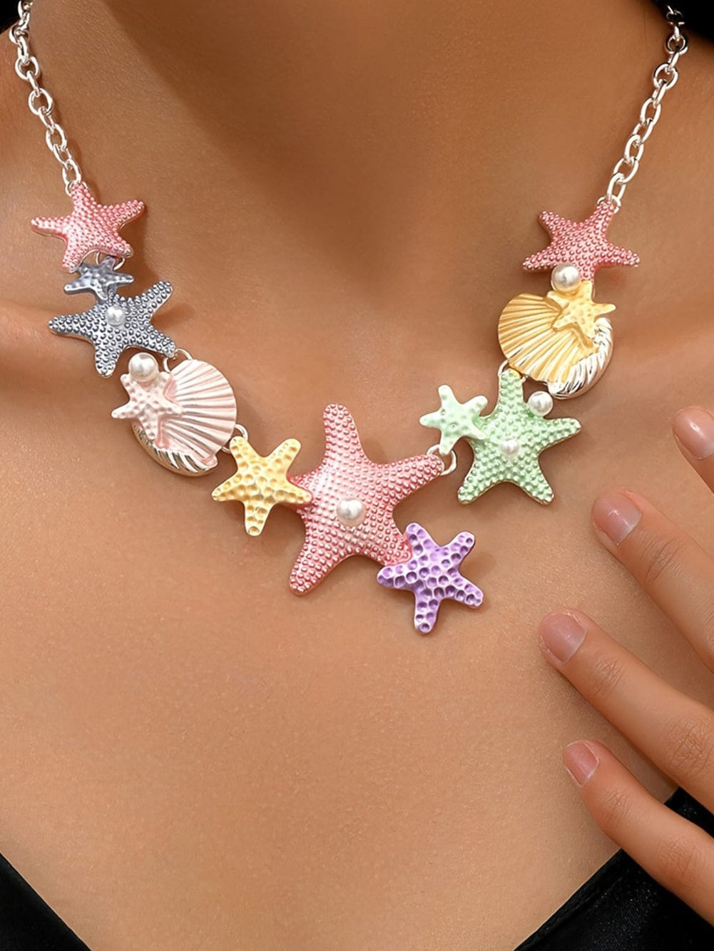 Starfish Shell Pearl Necklace With Adjustable Chain
