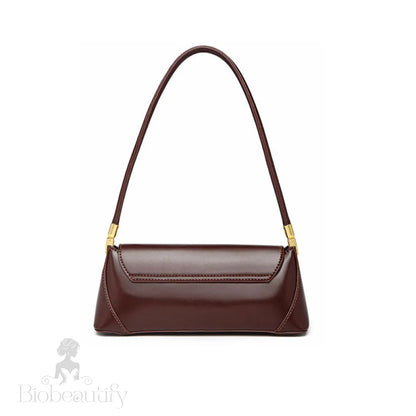 Gold Tone Buckle Flap Leather Baguette Bag - Chocolate