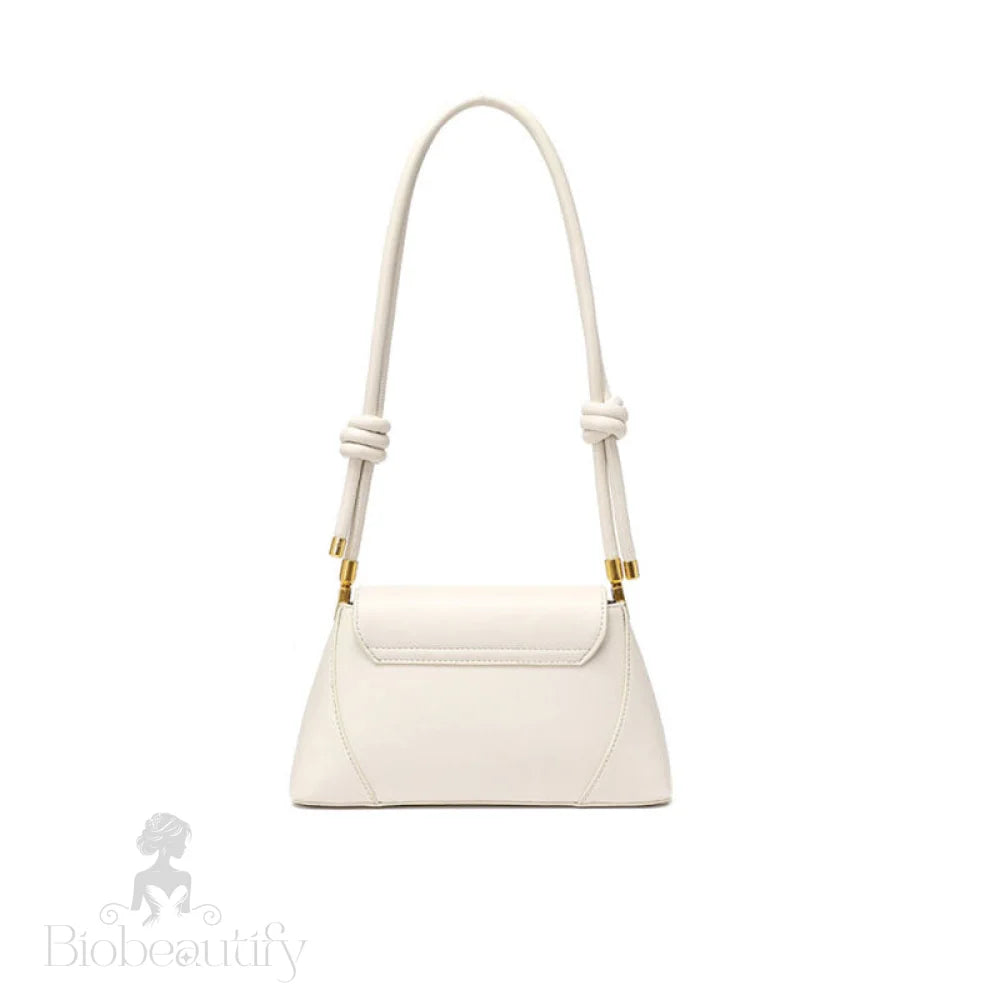 Gold Tone Buckled Flap Leather Baguette Bag - Beige