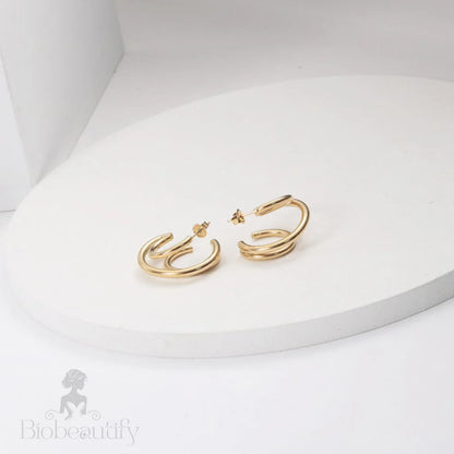 Gold Tone Triple Circle Double Hoop Earrings