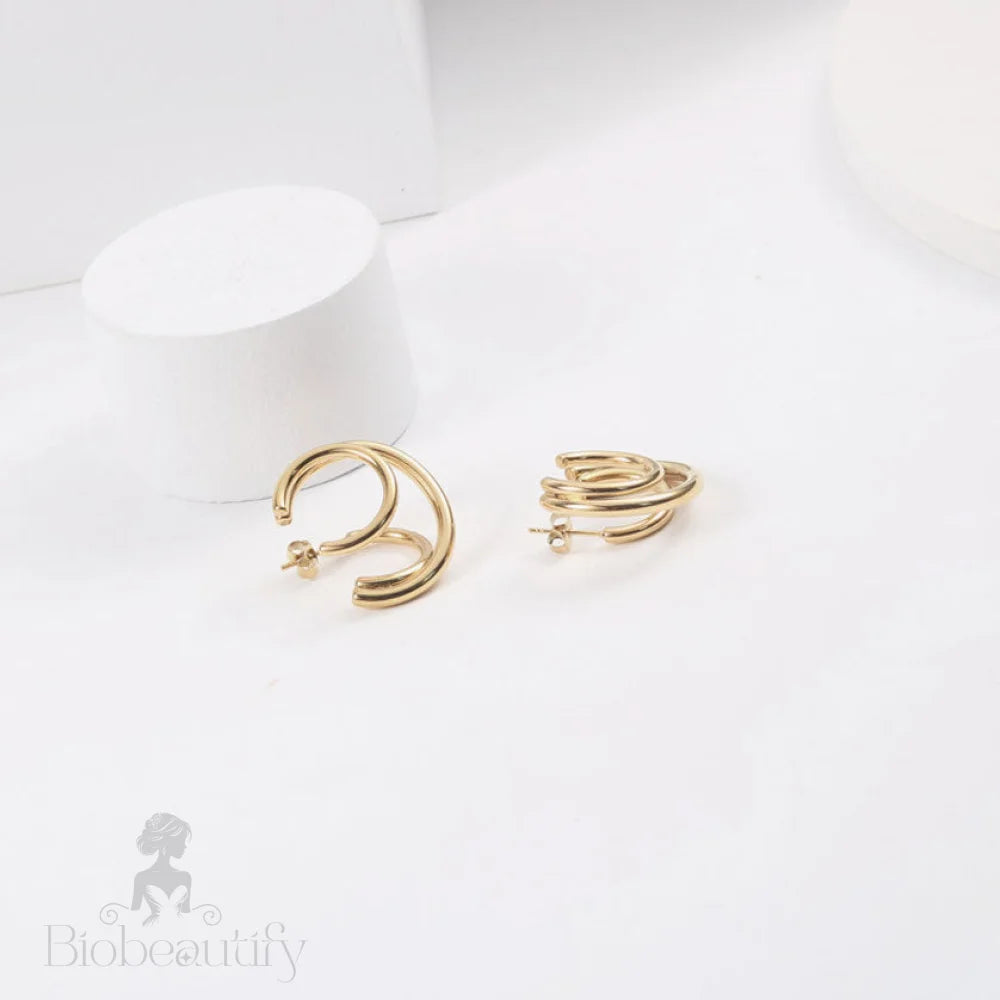 Gold Tone Triple Circle Double Hoop Earrings