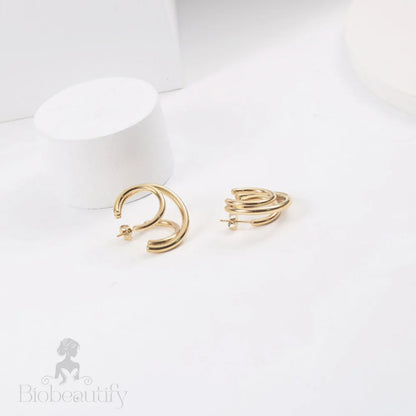 Gold Tone Triple Circle Double Hoop Earrings