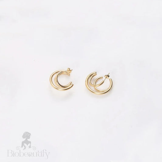 Gold Tone Triple Circle Double Hoop Earrings One Size /