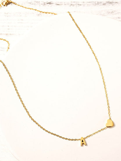 Gold Letter Pendant Necklace With Chained Heart Design / One Size