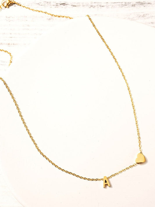 Gold Letter Pendant Necklace With Chained Heart Design / One Size
