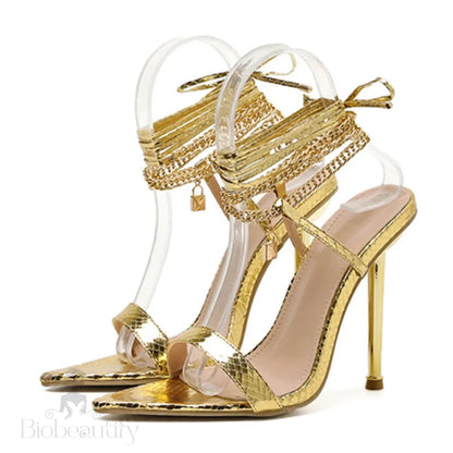 Gold White Pointed Toe Female Party Shoes Sandalias With New Chain Ankle Strap